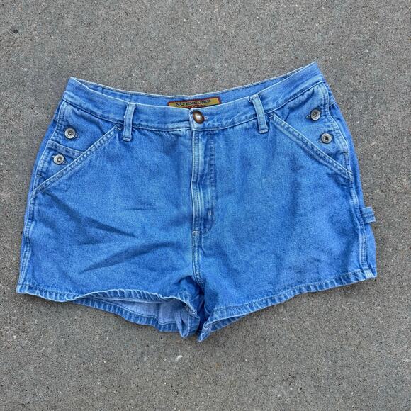 Vintage 90s No Excuses Overalls Side Button Carpenter Jean Shorts Size 15/16 - Picture 1 of 8